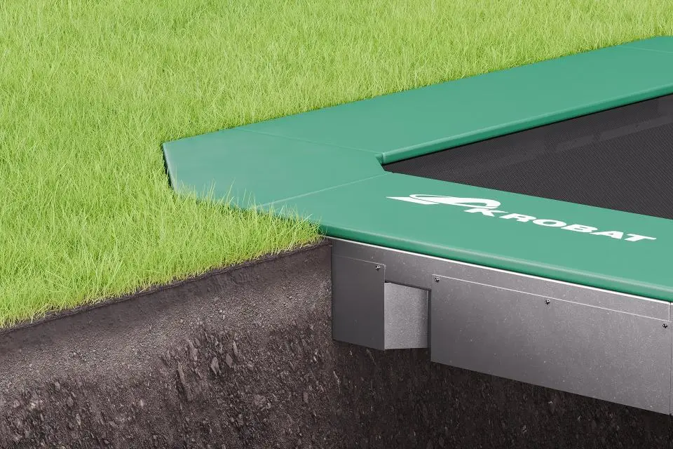 Akrobat Usa Trampoline Free Shipping In Ground Trampolines Round Inground Trampolines Rectangular Inground Akrobatusa Akrobat Primus Flat 17x10 Plus Close Up Green Black Ingrass