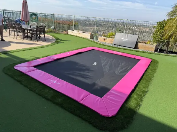 14ft x 10ft Akrobat Primus Flat SPORT LIMITED EDITION PINK PAD with Black Jump Mat In-Ground Trampoline