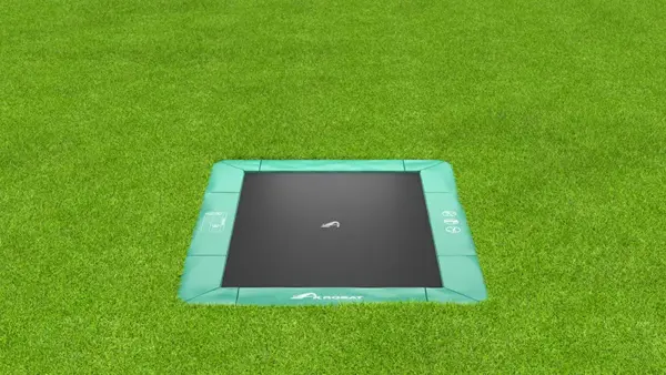 11ft x 8ft Akrobat Primus Flat In-Ground Trampoline - Green (Green Pad with Black Jump Mat)